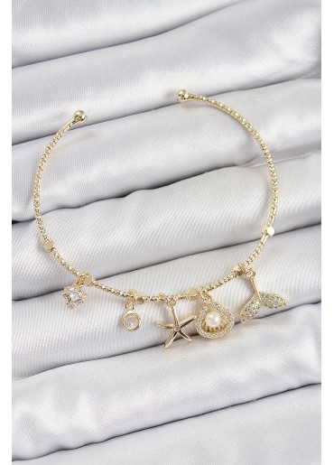 Erb Pirinç Zirkon Taşlı İstiridye Ve Deniz Yıldızı Model Gold Renk Charm Bileklik