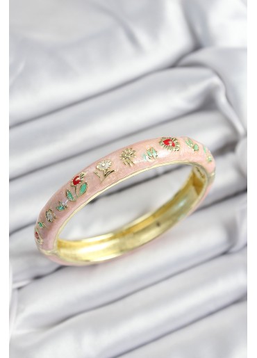 Erb Mineli Pirinç Pembe Çiçek Motifli Gold Renk Kadın Kelepçe