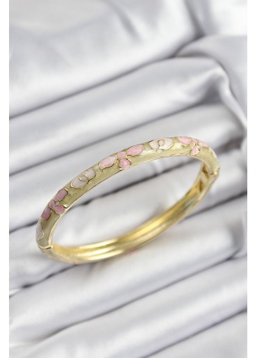 Erb Mineli Pirinç Pembe Hardal Ve Krem Çiçek Motifli Gold Renk Kadın Kelepçe