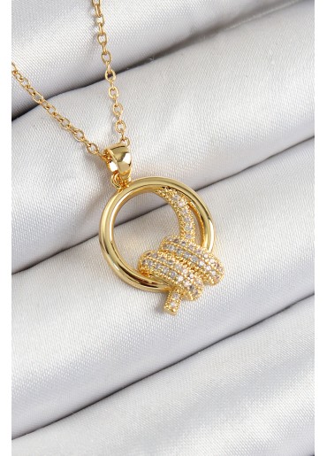 Erb 316L Çelik Zirkon Taşlı Düğüm Model Gold Renk Kadın Kolye