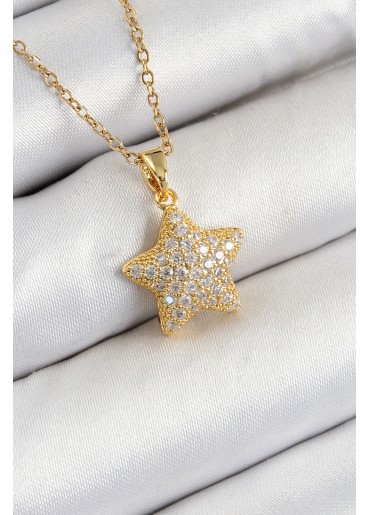 Erb 316L Çelik Zirkon Taşlı Yıldız Model Gold Renk Kadın Kolye