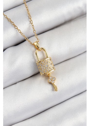 Erb 316L Çelik Zirkon Taşlı Kilit Ve Sallantılı Anahtar Model Gold Renk Kadın Kolye
