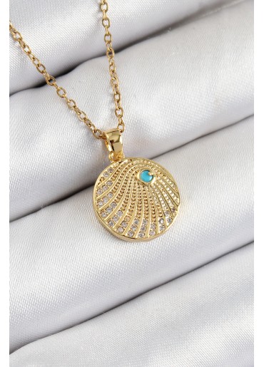 Erb 316L Çelik Zirkon Taşlı Madalyon Model Gold Renk Kadın Kolye