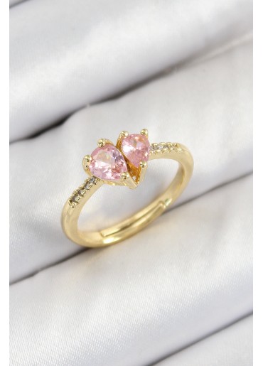 Erb Pirinç Zirkon Taşlı Pembe Kalp Model Gold Renk Kadın Yüzük