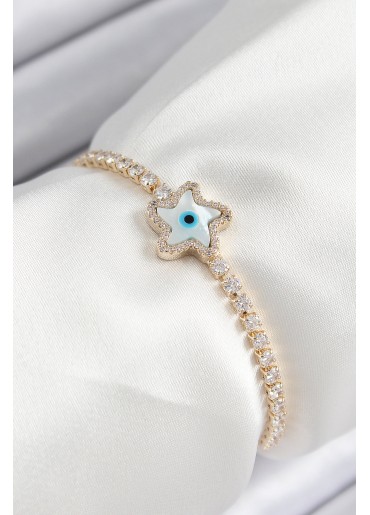 Erb Pirinç Zirkon Taşlı Nazar Yıldız Model Gold Renk Asansörlü Kadın Bileklik