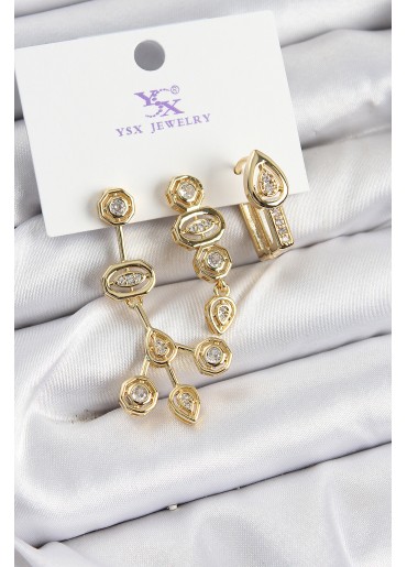 Erb Pirinç Zİrkon Taşlı Geometrik Model Gold Renk 3\'lü Kadın Küpe