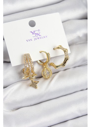 Erb Pirinç Zİrkon Taşlı Sallantılı Yıldız Model Gold Renk 3\'lü Kadın Küpe