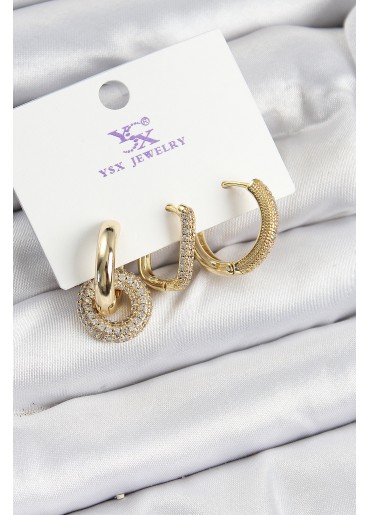 Erb Pirinç Zİrkon Taşlı Halka Model Gold Renk 3\'lü Kadın Küpe