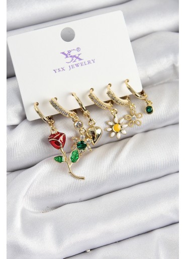 Erb Pirinç Zİrkon Taşlı Gül Ve Papatya Model Gold Renk 3\'lü Çift Kadın Küpe