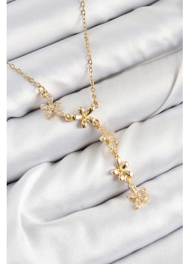 Erb 316L Çelik Zirkon Taşlı Çiçek Model Gold Renk Kadın Kolye