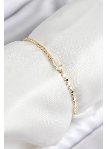 Erb Pirinç Zirkon Taşlı Damla Model Ezme Zincir Gold Renk Kadın Bileklik