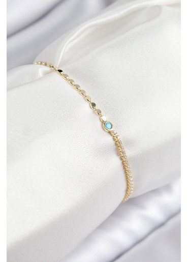 Erb Pirinç Zirkon Taşlı Boncuk Model Ezme Zincir Gold Renk Kadın Bileklik