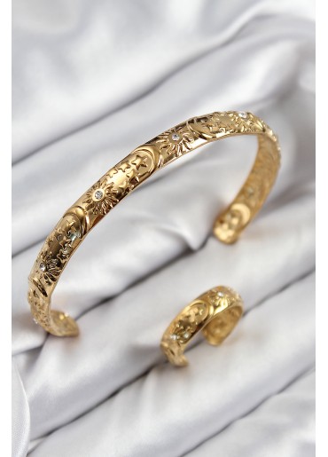 Erb Pirinç Zirkon Taşlı Vintage Model Gold Renk Bileklik Yüzük Set
