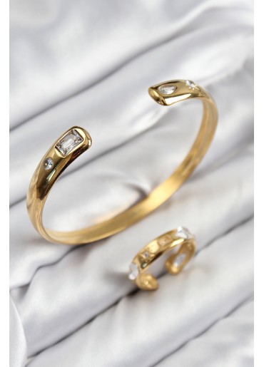 Erb Pirinç Zirkon Taşlı Ayrık Model Gold Renk Bileklik Yüzük Set