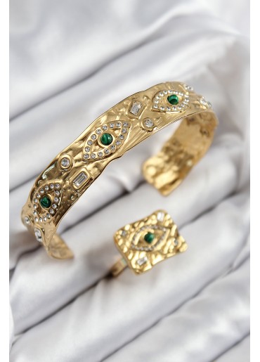 Erb Pirinç Zirkon Taşlı Göz Model Gold Renk Bileklik Yüzük Set