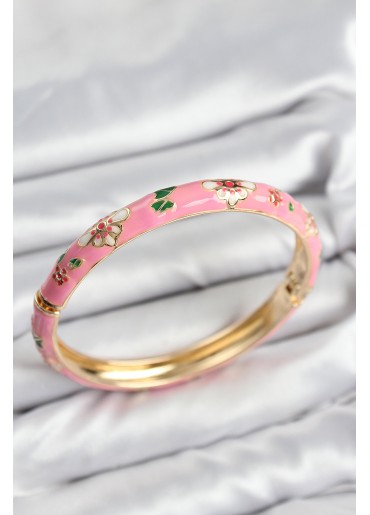 Erb Mineli Pirinç Pembe Çiçek Motifli Gold Kadın Kelepçe