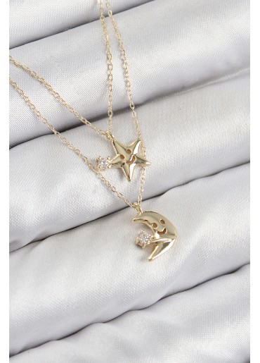 Erb Pirinç Zirkon Taşlı Yıldız Ve Ay Model Gold Renk Kadın Kolye
