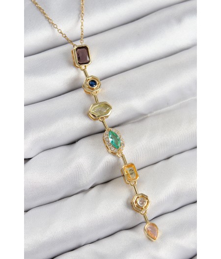 Erb Pirinç Renkli Zirkon Taşlı Model Gold Renk 7 Element Kadın Y Kolye