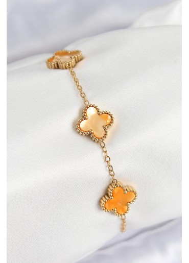 Erb 316L Çelik Sedefli Turuncu Gold Renk Yonca Kadın Bileklik