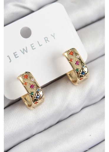 Erb Pirinç Zirkon Taşlı Yıldız Desen Model Gold Renk Kadın Küpe