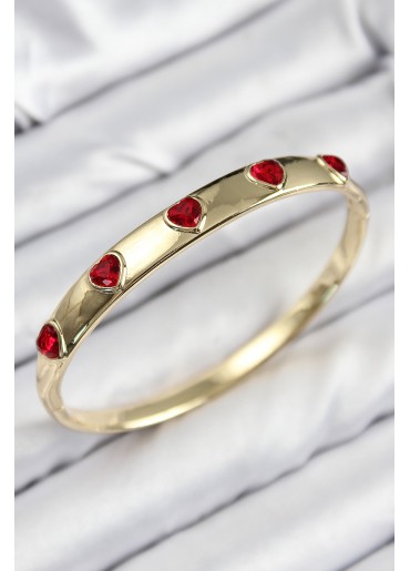 Erb Pirinç Zirkon Taşlı Kırmızı Kalp Model Gold Renk Kadın Kelepçe