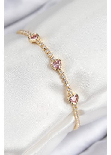 Erb Pirinç Zirkon Taşlı Pembe Kalp Model Gold Renk Kadın Bileklik