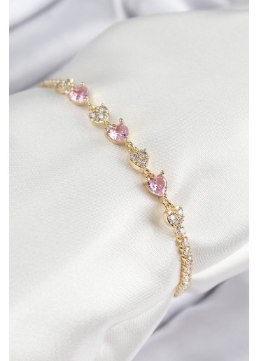 Erb Pirinç Zirkon Taşlı Pembe Kalp Model Gold Renk Kadın Bileklik