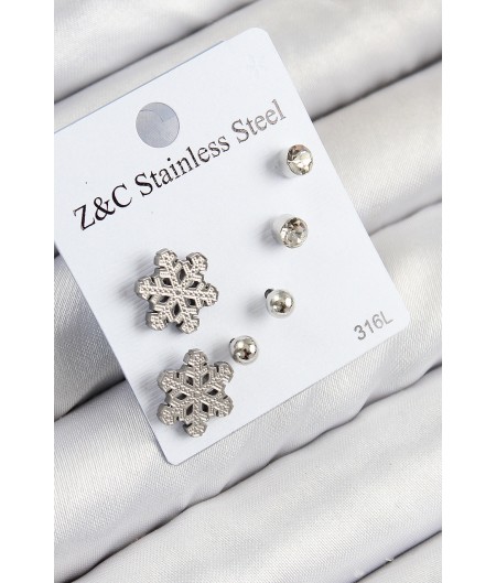 Erb 316L Çelik Zirkon Taşlı Kar Tanesi Model Gümüş Renk Kadın Set Küpe