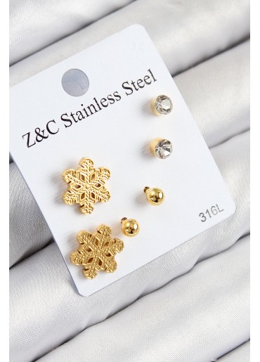 Erb 316L Çelik Zirkon Taşlı Kar Tanesi Model Gold Renk Kadın Set Küpe