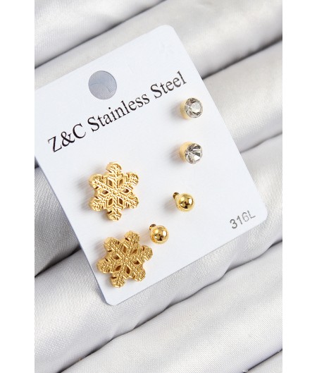 Erb 316L Çelik Zirkon Taşlı Kar Tanesi Model Gold Renk Kadın Set Küpe