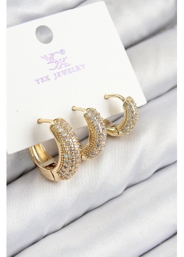 Erb Pirinç Zirkon Taşlı 3\'lü Halka Model Gold Renk Kadın Küpe