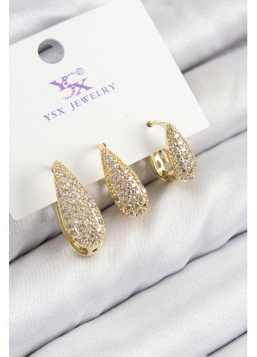 Erb Pirinç Zirkon Taşlı 3\'lü Damla Model Gold Renk Kadın Küpe