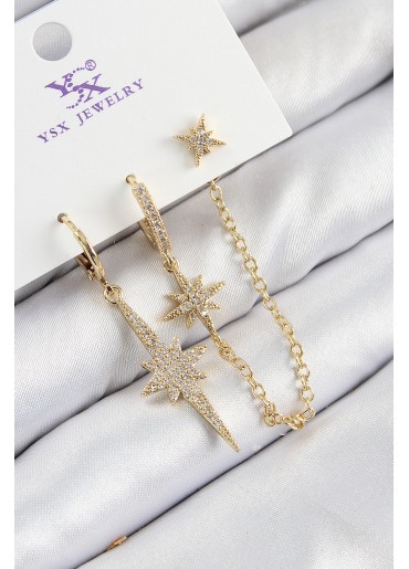 Erb Pirinç Zirkon Taşlı 3\'lü Kutup Yıldızı Model Gold Renk Kadın Küpe