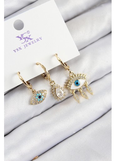 Erb Pirinç Zirkon Taşlı 3\'lü Fatma\'nın Gözü Model Gold Renk Kadın Küpe