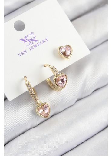 Erb Pirinç Zirkon Taşlı 3\'lü Pembe Kalp Model Gold Renk Kadın Küpe