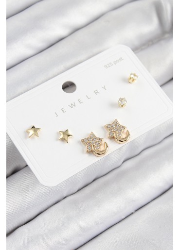 Erb Pirinç Zirkon Taşlı Yıldız Model Gold Renk 925 Ayar Gümüş Çivi Kadın Küpe Set