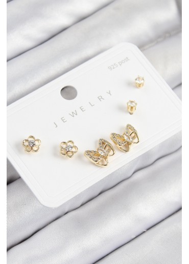 Erb Pirinç Zirkon Taşlı Kelebek Model Gold Renk 925 Ayar Gümüş Çivi Kadın Küpe Set