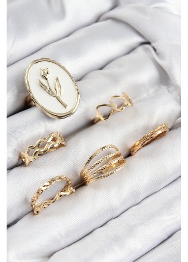 Erb Pirinç Zirkon Taşlı Lale Model Gold Renk Kadın Yüzük Kombin Set