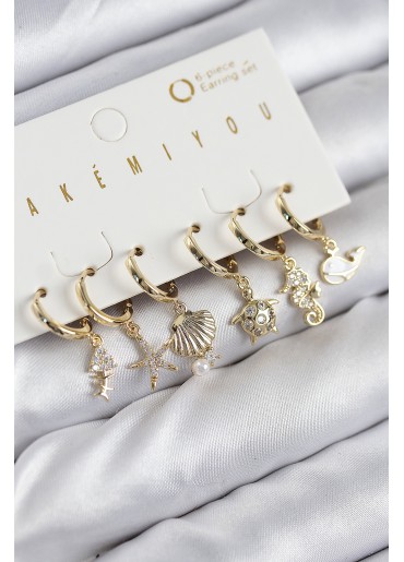 Erb Pirinç Zirkon Taşlı İstiridye Balina Ve Yıldız Gold Renk 6\'lı Küpe Set