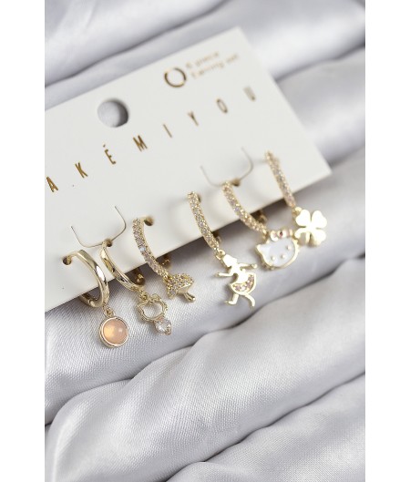 Erb Pirinç Zirkon Taşlı Hello Kity Ve Yonca Model Gold Renk 6'lı Küpe Set