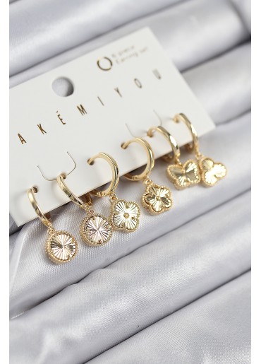 Erb Pirinç Zirkon Taşlı Yonca Model Gold Renk 6\'lı Küpe Set