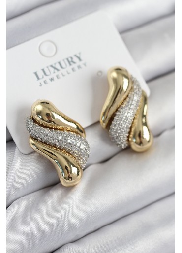 Erb Pirinç Zirkon Taşlı Kıvrım Model Gold Renk Kadın Küpe