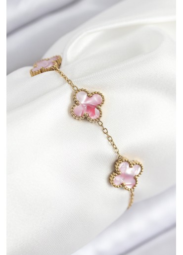 Erb 316L Çelik Sedefli Pembe Gold Renk Yonca Kadın Bileklik