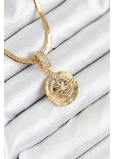 Erb 316L Çelik Zirkon Taşlı Pusula Model Gold Renk Kadın Kolye