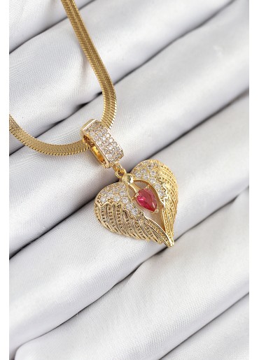 Erb 316L Çelik Zirkon Taşlı Kanatlı Kalp Model Gold Renk Kadın Kolye