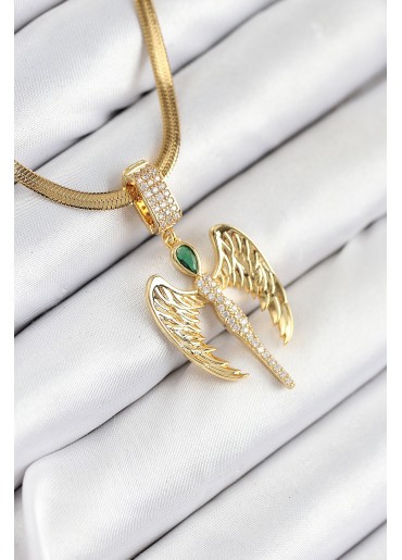 Erb 316L Çelik Zirkon Taşlı Melek Model Gold Renk Kadın Kolye