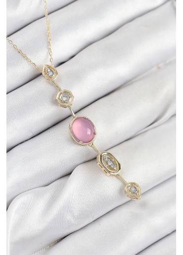 Erb Pirinç Zincir Pembe Gold Renk Zirkon Taşlı Y Kolye