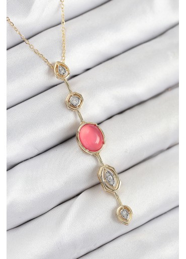 Erb Pirinç Zincir Pembe Gold Renk Zirkon Taşlı Y Kolye