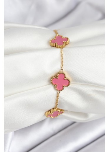 Erb 316L Çelik Gold Zincir Pembe Yonca Renk Bileklik
