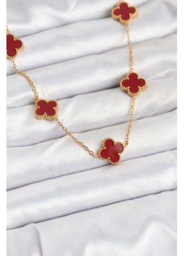 Erb 316L Çelik Gold Renk Zincir Bordo Yonca Kadın Kolye